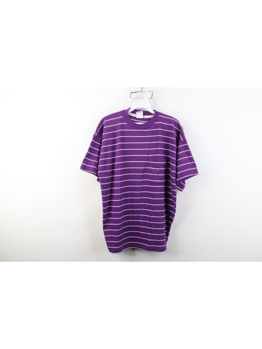 Vintage 90s Streetwear Mens Large Blank Striped Knit Pocket T-Shirt Purple USA